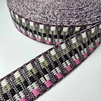 Tassenband 38 mm Ethnic zwart/groen/ecru/roze