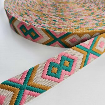 Tassenband 38/40 mm Tribal ecru/camel/roze/groen