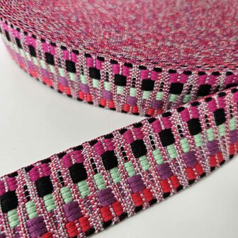Tassenband 38/40 mm Ethnic rood/orchid/munt/zwart/hot pink
