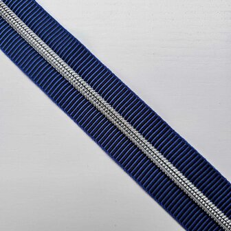 Gestreepte rits donkerblauw/kobalt/zwart zilver 6 mm