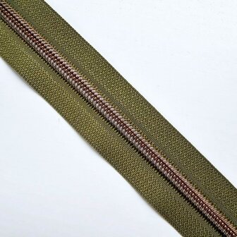 Rits dark olive met antiek messing/bronzen tandjes