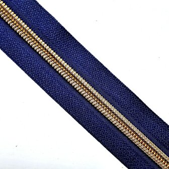 Rits diep donkerblauw met antiek messing/bronzen tandjes